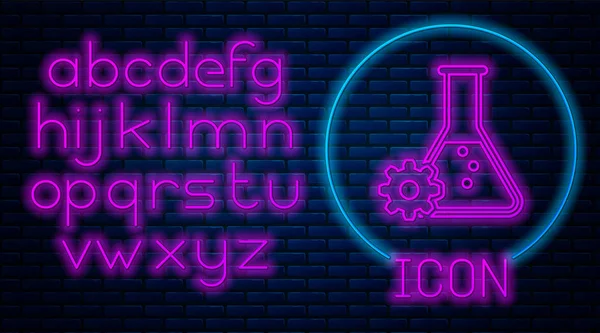 Gloeiende neon Bioengineering pictogram geïsoleerd op bakstenen muur achtergrond. Element van genetica en biotechniek icoon. Biologie, molecuul, chemisch icoon. Neon licht alfabet. Vector illustratie — Stockvector