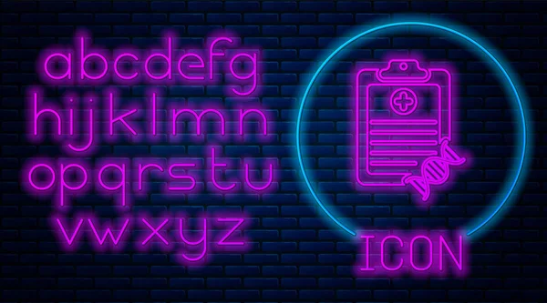 Leuchtende Neon-Zwischenablage mit dna-Analyse-Symbol isoliert auf Backsteinwand Hintergrund. Gentechnik, Gentests, Klonen, Vaterschaftstests. Neonlicht-Alphabet. Vektorillustration — Stockvektor