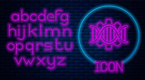 Glowing neon Genetic engineering icon isolated on brick wall background. DNA analysis, genetics testing, cloning, paternity testing. Neon light alphabet. Vector Illustration — Stock Vector