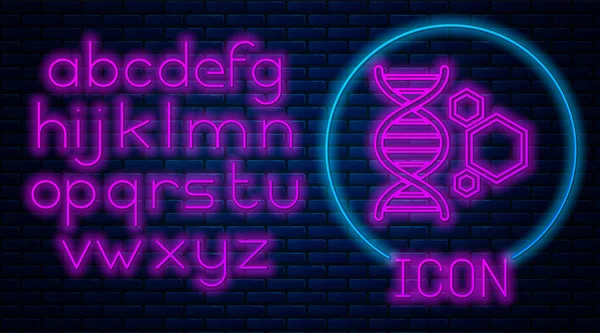 Gloeiende neon genetische manipulatie icoon geïsoleerd op bakstenen muur achtergrond. DNA-analyse, genetica testen, klonen, vaderschaps testen. Neon licht alfabet. Vector illustratie — Stockvector