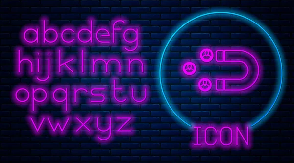 Gloeiende neon klant aantrekken icoon geïsoleerd op bakstenen muur achtergrond. Klantenbinding, ondersteuning en service. Klant mensen aantrekken met magneet. Neon licht alfabet. Vector illustratie — Stockvector