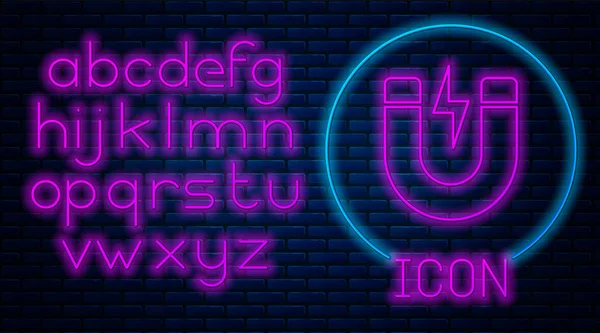 Izzó neon mágnes villám ikon izolált téglafal háttér. Patkómágnes, mágnesesség, mágneses, attrakció jel. Neonfény ábécé. Vektoros illusztráció — Stock Vector