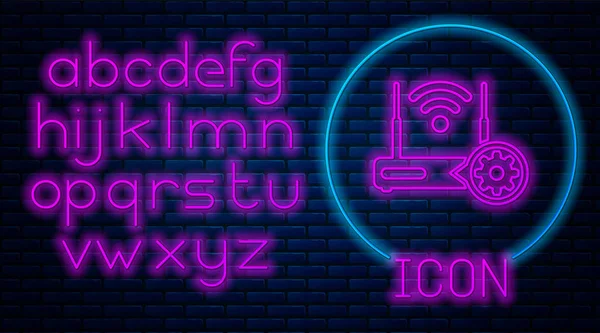 Router de neón brillante y señal wi-fi e icono de engranaje en el fondo de la pared de ladrillo. Ajustar la aplicación, concepto de servicio, opciones de configuración, mantenimiento, reparación, fijación. Alfabeto de luz de neón. Ilustración vectorial — Vector de stock