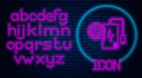 Leuchtende Neon-Powerbank mit Ladekabel und Getriebesymbol auf Ziegelwand-Hintergrund. Anpassung App, Servicekonzept, Einstellungsmöglichkeiten, Wartung, Reparatur. Neonlicht-Alphabet. Vektorillustration — Stockvektor