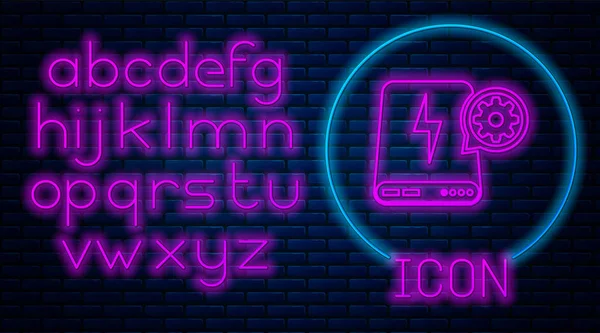 Leuchtende Neon-Power-Bank und Getriebe-Symbol isoliert auf Backsteinwand Hintergrund. Anpassung App, Servicekonzept, Einstellungsmöglichkeiten, Wartung, Reparatur, Reparatur. Neonlicht-Alphabet. Vektorillustration — Stockvektor