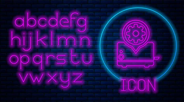 Leuchtende Neon-Toaster und Getriebe-Symbol isoliert auf Backsteinwand Hintergrund. Anpassung App, Servicekonzept, Einstellungsmöglichkeiten, Wartung, Reparatur, Reparatur. Neonlicht-Alphabet. Vektorillustration — Stockvektor