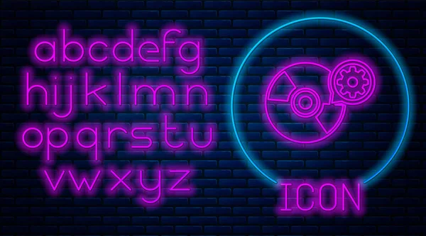 Leuchtende Neon-CD oder DVD-Disk und Getriebe-Symbol isoliert auf Backsteinwand Hintergrund. Anpassung App, Servicekonzept, Einstellungsmöglichkeiten, Wartung, Reparatur, Reparatur. Neonlicht-Alphabet. Vektorillustration — Stockvektor