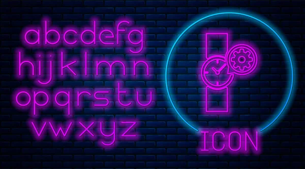 Leuchtende Neon-Armbanduhr und Getriebesymbol isoliert auf Backsteinwand Hintergrund. Anpassung App, Servicekonzept, Einstellungsmöglichkeiten, Wartung, Reparatur, Reparatur. Neonlicht-Alphabet. Vektorillustration — Stockvektor