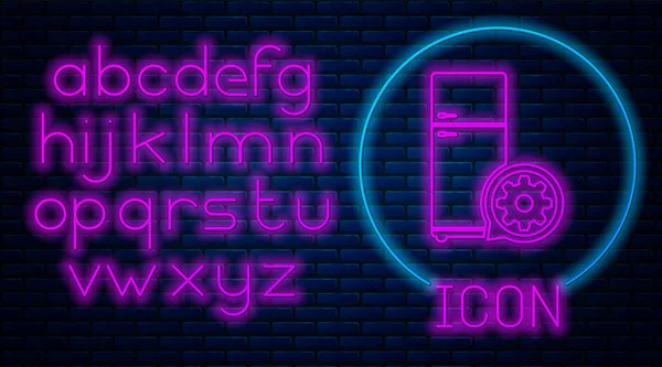 Leuchtender Neon-Kühlschrank und Getriebe-Symbol isoliert auf Backsteinwand Hintergrund. Anpassung App, Servicekonzept, Einstellungsmöglichkeiten, Wartung, Reparatur, Reparatur. Neonlicht-Alphabet. Vektorillustration — Stockvektor