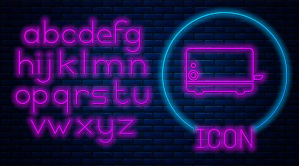 Świecąca ikona tostera Neon odizolowana na tle muru ceglanego. Neon światła alfabetu. Ilustracja wektorowa — Wektor stockowy