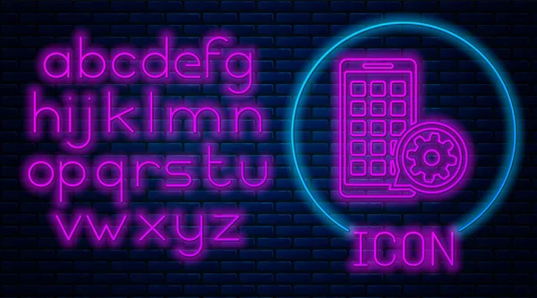 Glowing neon Mobile Apps and gear icon isolated on brick wall background. Adjusting app, service concept, setting options, maintenance, repair, fixing. Neon light alphabet. Vector Illustration — Stock Vector