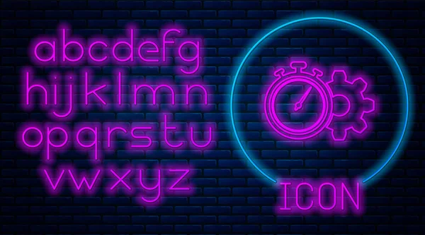 Leuchtende neonfarbene Zeitmanagement-Ikone isoliert auf Ziegelwand Hintergrund. Uhr und Schaltzeichen. Produktivitätssymbol. Neonlicht-Alphabet. Vektorillustration — Stockvektor