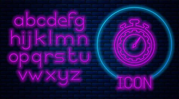 Glödande Neon Time Management-ikonen isolerad på tegelvägg bakgrund. Klocka och växel skylt. Produktivitets symbolen. Neonljus alfabetet. Vektor illustration — Stock vektor