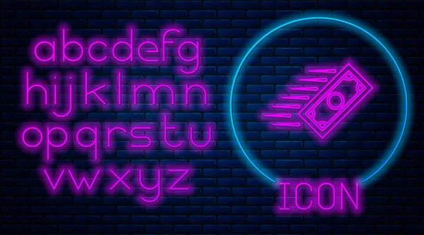 Gloeiende neon snelle betalingen pictogram op bakstenen muur achtergrond. Snelle betaling via overschrijving. Financiële dienstverlening, snelle lening, tijd is geld, Cashback concept. Neon licht alfabet. Vector illustratie — Stockvector