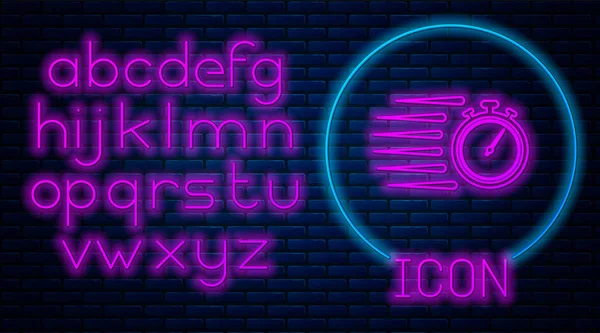 Leuchtende Neon-Stoppuhr-Symbol isoliert auf Backsteinwand Hintergrund. Zeitzeichen. Chronometerzeichen. Neonlicht-Alphabet. Vektorillustration — Stockvektor