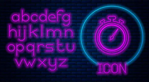 Gloeiende neon stopwatch pictogram geïsoleerd op bakstenen muur achtergrond. Tijd timer teken. Chronometer-teken. Neon licht alfabet. Vector illustratie — Stockvector