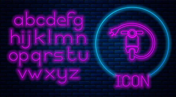 Glowing neon Electric scooter icon isolated on brick wall background. Neon light alphabet. Vector Illustration — Stock Vector