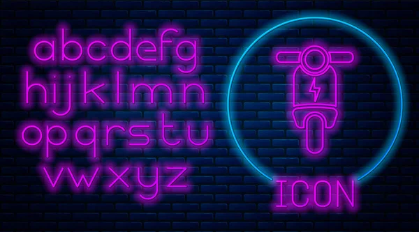 Icona luminosa al neon scooter elettrico isolato su sfondo muro di mattoni. Alfabeto della luce al neon. Illustrazione vettoriale — Vettoriale Stock