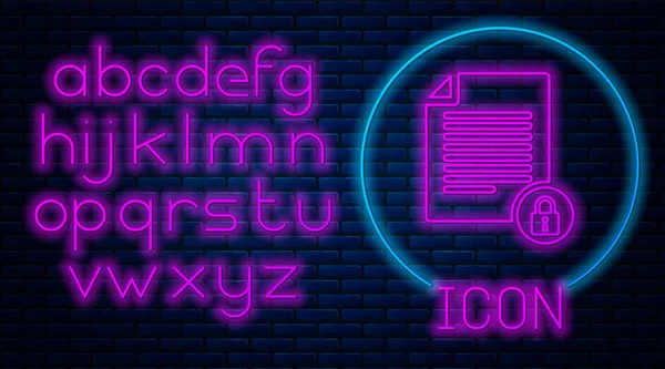 Gloeiende neon Document en slot pictogram geïsoleerd op baksteen muur achtergrond. Bestandsformaat en hangslot. Beveiliging, veiligheid, beschermingsconcept. Neon licht alfabet. Vector Illustratie — Stockvector