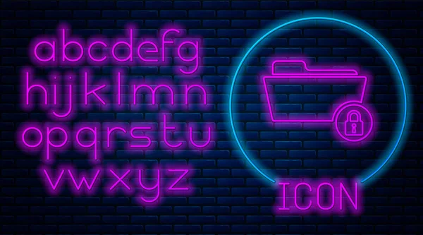 Gloeiende neon map en slot icoon geïsoleerd op bakstenen muur achtergrond. Gesloten map en hangslot. Veiligheid, veiligheid, bescherming concept. Neon licht alfabet. Vector illustratie — Stockvector