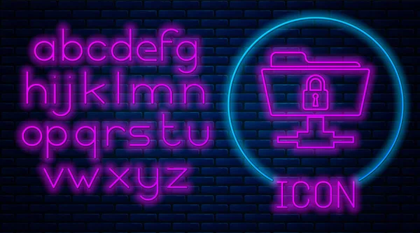 Glödande Neon FTP broschyren och låsa ikonen på tegel mur bakgrunden. Begreppet programuppdatering, FTP-överföringprotokollet. Trygghet, säkerhet, skyddskoncept. Neonljus alfabetet. Vektor illustration — Stock vektor