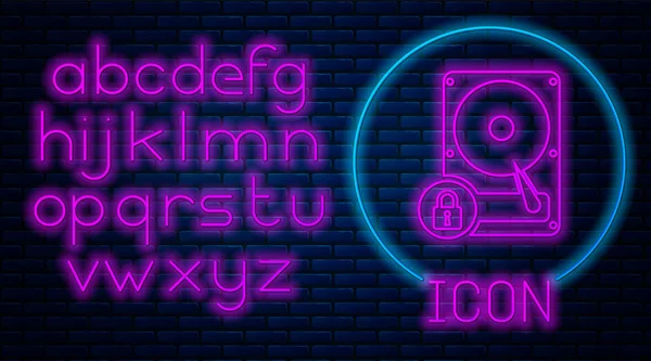 Leuchtende Neon-Festplatte und Schloss-Symbol isoliert auf Backsteinwand Hintergrund. hhd und Vorhängeschloss. Sicherheit, Sicherheit, Schutzkonzept. Neonlicht-Alphabet. Vektorillustration — Stockvektor