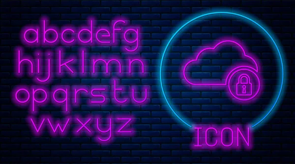 Glowing neon Cloud computing lock icon isolated on brick wall background. Security, safety, protection concept. Neon light alphabet. Vector Illustration — Stock Vector