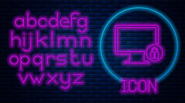 Gloeiende neon lock op computer monitor scherm pictogram op bakstenen muur achtergrond. Monitor en hangslot. Veiligheid, veiligheid, bescherming concept. Veilig internetwerk. Neon licht alfabet. Vector illustratie — Stockvector