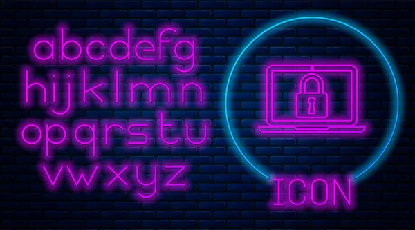 Leuchtende Neon-Laptop und Schloss-Symbol isoliert auf Backsteinwand Hintergrund. Computer und Vorhängeschloss. Sicherheit, Sicherheit, Schutzkonzept. sichere Vernetzung. Neonlicht-Alphabet. Vektorillustration — Stockvektor