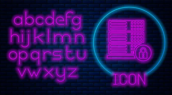 Gloeiende neon Server beveiliging met gesloten hangslot pictogram geïsoleerd op baksteen muur achtergrond. Beveiliging, veiligheid, beschermingsconcept. Neon licht alfabet. Vector Illustratie — Stockvector