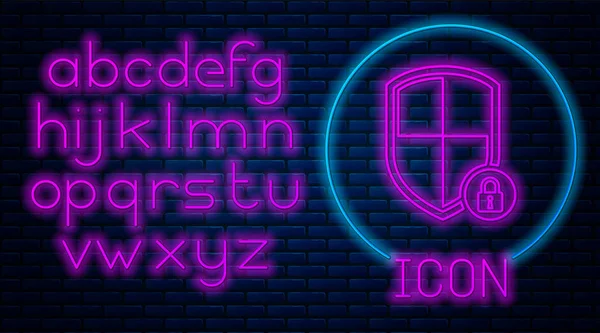 Glowing neon Shield security with lock icon isolated on brick wall background. Protection, safety, password security. Firewall access privacy sign. Neon light alphabet. Vector Illustration — Stock Vector