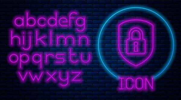 Glowing neon Shield security with lock icon isolated on brick wall background. Protection, safety, password security. Firewall access privacy sign. Neon light alphabet. Vector Illustration — Stock Vector