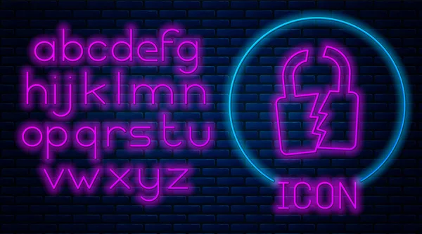 Glowing neon Broken or cracked lock icon isolated on brick wall background. Unlock sign. Neon light alphabet. Vector Illustration — Stock Vector