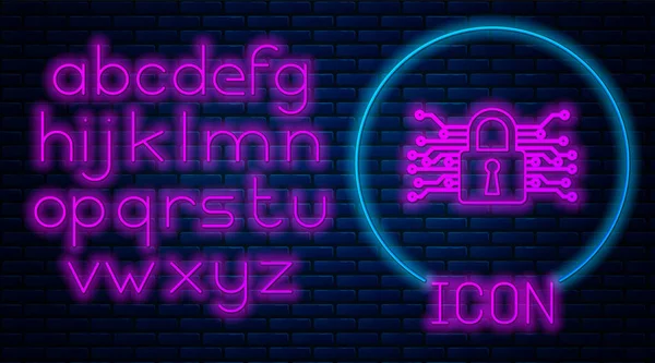 Glödande Neon Cyber trygghet ikonen isolerad på tegelvägg bakgrunden. Stängt hänglås på digital kretskort. Säkerhetskoncept. Digitalt dataskydd. Neonljus alfabetet. Vektor illustration — Stock vektor