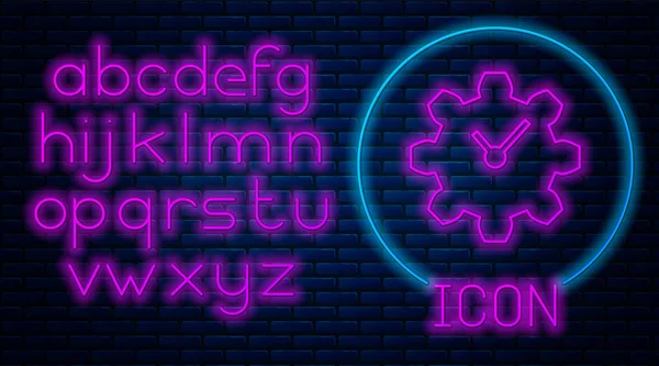 Glödande Neon Time Management-ikonen isolerad på tegelvägg bakgrund. Klocka och växel skylt. Produktivitets symbolen. Neonljus alfabetet. Vektor illustration — Stock vektor