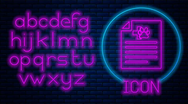 Leuchtende Neon ärztliches Attest für Reisen mit Hund oder Katze Symbol isoliert auf Backsteinwand Hintergrund. Dokument für Haustier. Pfotenabdruck für Hund oder Katze. Neonlicht-Alphabet. Vektorillustration — Stockvektor