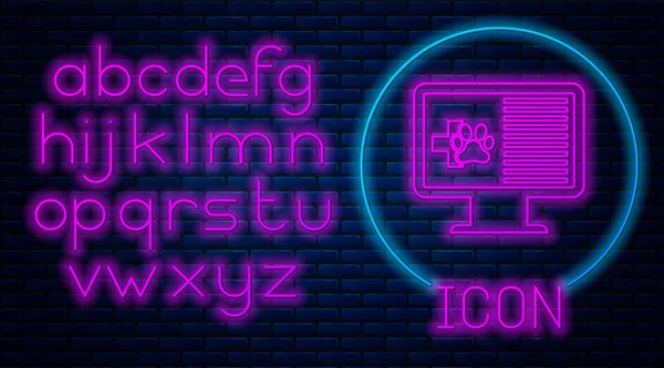 Gloeiende neon medische klinische record pet op monitorpictogram geïsoleerd op bakstenen muur achtergrond. Formulier ziektekostenverzekering. Voorschrift, medische controle markeringen rapport. Neon licht alfabet. Vector illustratie — Stockvector