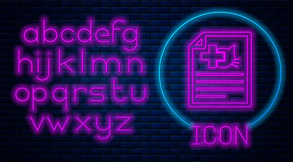 Leuchtende Neon ärztliches Attest für Reisen mit Hund oder Katze Symbol isoliert auf Backsteinwand Hintergrund. Dokument für Haustier. Neonlicht-Alphabet. Vektorillustration — Stockvektor