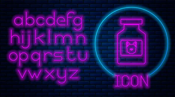 Leuchtende neonfarbene Hundearznei-Flaschensymbol isoliert auf Backsteinmauer Hintergrund. Behälter mit Pillen. Verschreibungspflichtige Medikamente für Tiere. Neonlicht-Alphabet. Vektorillustration — Stockvektor