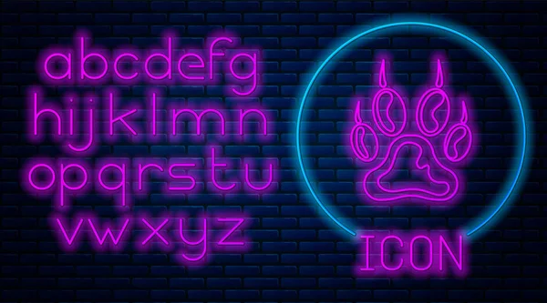 Leuchtende Neon-Pfotendruck-Symbol isoliert auf Backsteinwand Hintergrund. Pfotenabdruck für Hund oder Katze. Tierspur. Neonlicht-Alphabet. Vektorillustration — Stockvektor