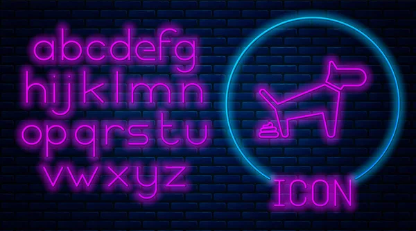 Leuchtende Neon Hund pooping Symbol isoliert auf Backsteinmauer Hintergrund. Hund geht auf Toilette. Hund entledigt sich. das Konzept des Platzes für Haustiere zu Fuß. Neonlicht-Alphabet. Vektorillustration — Stockvektor