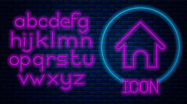 Glowing neon Dog house icon isolated on brick wall background. Dog kennel. Neon light alphabet. Vector Illustration — Stock Vector