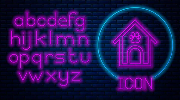 Glowing neon Dog house and paw print pet icon isolated on brick wall background. Dog kennel. Neon light alphabet. Vector Illustration — Stock Vector