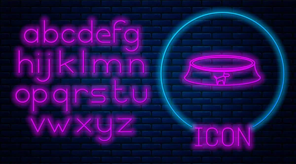 Glowing neon Pet food bowl for cat or dog icon isolated on brick wall background. Alfabeto claro de néon. Ilustração vetorial —  Vetores de Stock