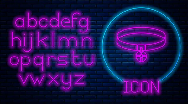 Leuchtender Neon-Kragen mit Namensschild-Symbol isoliert auf Backsteinwand Hintergrund. einfache Vorräte für Haustiere. Katzen- und Hundepflege. Haustierketten. Neonlicht-Alphabet. Vektorillustration — Stockvektor