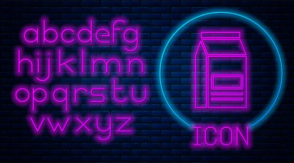 Leuchtende Neon-Tüte mit Essen Ikone isoliert auf Backsteinwand Hintergrund. Futter für Tiere. Tierfutter-Paket. Neonlicht-Alphabet. Vektorillustration — Stockvektor