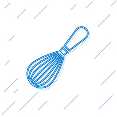 Mavi çizgi Mutfak çırpma simgesi beyaz arka plan üzerinde izole. Pişirme aleti, yumurta çırpıcı. Çatal bıçak takımı işareti. Gıda karışımı sembolü. Vektör İllüstrasyonu