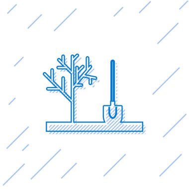 Mavi çizgi Beyaz arka plan üzerinde izole zemin simgesine bir ağaç dikme. Bahçıvanlık, tarım, çevreye bakmak. Vektör İllüstrasyonu