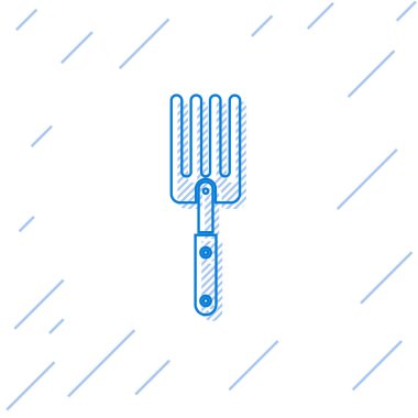 Mavi çizgi Bahçe çatal simgesi beyaz arka plan üzerinde izole. Pitchfork simgesi. Bahçecilik, tarım, tarım için bir araç. Vektör İllüstrasyonu