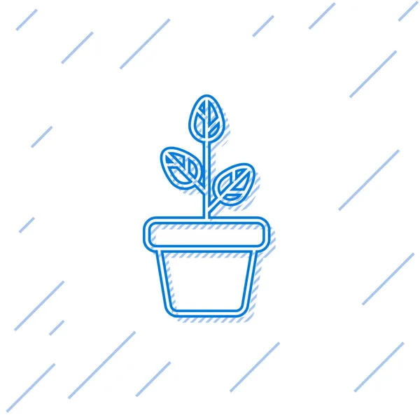 Niebieska linia kwiaty w puli ikona na białym tle. Uprawa roślin w garnku. Znak rośliny doniczkowa. Ilustracja wektorowa — Wektor stockowy